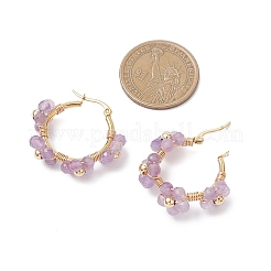 フラワーブラス＆天然アメジストフープピアス  304ステンレススチールイヤリング金具付き  ゴールドカラー  28.5x32x11mm&nbsp;EJEW-TA00781-02