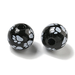 プリントウッドヨーロピアンビーズ  足跡模様で丸い  ブラック  15.5~16mm  穴：4~4.5mm&nbsp;WOOD-G022-09D