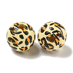 プリントウッドヨーロピアンビーズ  ヒョウ柄のラウンド  レモンシフォン  15.5~16mm  穴：4~4.5mm&nbsp;WOOD-G022-12D