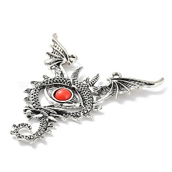 チベットスタイル合金ドラゴンビッグペンダント  赤い樹脂ビーズのナザールボンジュウチャーム  アンティークシルバー  83x67x5mm  穴：3mm&nbsp;PALLOY-D027-04AS
