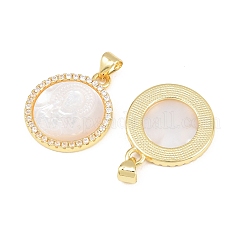 Rack Plating Brass Micro Pave Clear Cubic Zirconia Flat Round Pendants&nbsp;KK-U025-10G-05