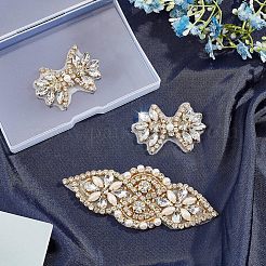3個2スタイルのホットフィックスラインストーン  パッチにアイロン  ドレスシューズ衣服装飾  プラスチックパールビーズ付き  花  クリスタル  3個/箱&nbsp;DIY-FG0002-56