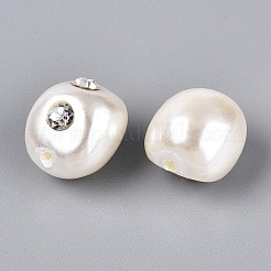 ABSプラスチックパール調ビーズ  天然石風  ナゲット  ラインストーン付き  乳白色  14~15x13x12.5mm  穴：2mm&nbsp;SACR-T017-77B