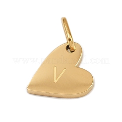 304ステンレススチールチャーム  丸カン付き  文字チャーム付きハート  ゴールドカラー  V字  10x8.5x1.5mm  穴：4x2.5mm&nbsp;LS-STAS-L291-01G-V