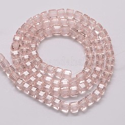 クリアガラスビーズ連売り  キューブ  多面カット  ピンク  4x4x4mm  穴：1mm  約100個/連  16.5インチ&nbsp;GLAA-K015-4x4x4mm-10