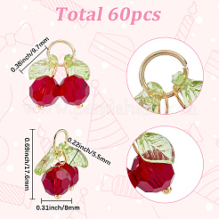 チェリーアクリル＆ガラスペンダント60個  真鍮製の金具と304ステンレススチール製の丸カン付き  レッド  17.6mm&nbsp;PALLOY-WH00017