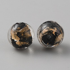 手作りゴールドパウダー入りランプワークビーズ  ラウンド  ブラック  9~10x9.5mm  穴：1.6mm&nbsp;LAMP-WH0011-03B-02