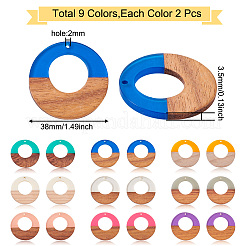 18本9色レジン＆ウォールナットウッドペンダント  ツートン  リング  ミックスカラー  38x3.5mm  穴：2mm  2個/カラー&nbsp;RESI-BT0001-07