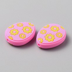 イースターの花柄の卵食品グレードの環境に優しいシリコンビーズ  ピンク  29.5x23x9mm  穴：3.5mm&nbsp;SIL-CJC0007-11A