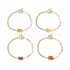 長方形の天然琥珀ビーズリンクブレスレット  女性用真鍮ペーパークリップ＆カーブチェーンブレスレット  18KGP本金メッキ  7.68インチ（19.5cm）&nbsp;BJEW-JB13365