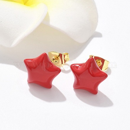 真鍮製スタンドピアス エナメル ラックめっき 長持ちメッキ 鉛フリー&カドミウムフリー スター レッド 11x12mm EJEW-F359-07G-1