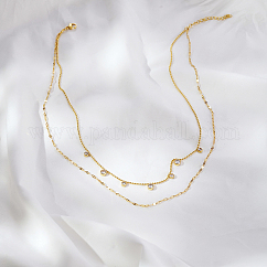 Light Luxury Stainless Steel Pave Clear Cubic Zirconia Flat Round Tassel Double Layer Necklaces for Women Daily Wear, Real 18K Gold Plated, 16.54 inch(42cm)
