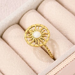 女性用304ステンレススチールエナメルカフリング  太陽模様のオープンリング  ゴールドカラー  ホワイト  12.5mm  調整可能&nbsp;RJEW-G338-01G-01