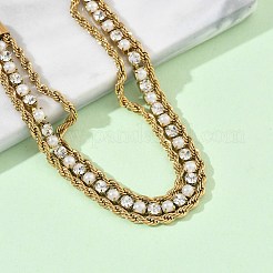 304ステンレススチールとラインストーンのロープチェーン二重ブレスレット（女性用）  フラットラウンド  ラインストーンとプラスチック製の模造真珠ビーズ付き  イオンプレーティング（ip）  長持ちメッキ  18KGP本金メッキ  7.01インチ（17.8cm）&nbsp;BJEW-F540-07G