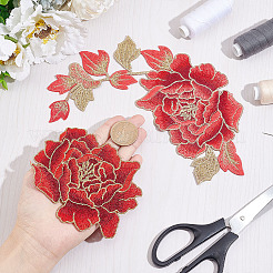 2個 2スタイル 牡丹 ポリエステル 刺繍 縫い付け 衣類 パッチ  花のアップリケ  ミシンクラフト装飾  暗赤色  90~215x113~182x1~1.5mm  1個/スタイル&nbsp;PATC-NB0001-11C