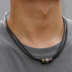 Boho Tri-Color Alloy Column Beads Double Strand Faux Leather Cord Necklaces for Men&nbsp;WG349E3-01