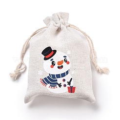 クリスマスコットンクロス収納ポーチ  長方形巾着袋  キャンディーギフトバッグ用  雪だるま模様  13.8x10x0.1cm&nbsp;ABAG-M004-02M