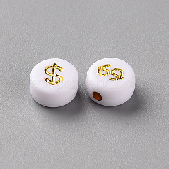 白いアクリルビーズのメッキ  英語の文字でフラットラウンド  黄金メッキ  7x3.5mm  穴：1.5mm  約454個/50g&nbsp;X-MACR-Q241-B001