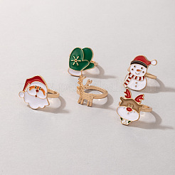 クリスマステーマのサンタクロースとクリスマスツリーと鹿の合金エナメル指輪セット  ゴールドカラー  内径：17~18mm  4個/セット&nbsp;FS-WGAB09C-01