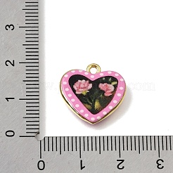 プリントブラスペンダント  バラのチャームが付いたハート  ピンク  ゴールドカラー  16.5x17x3mm  穴：1.7mm&nbsp;KK-CBAE379-02G-C