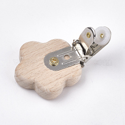 ブナ材製おしゃぶりホルダークリップ  鉄のクリップ付き  花  プラチナ  バリーウッド  54x41.5x18mm  穴：3.5x6mm&nbsp;WOOD-T015-12
