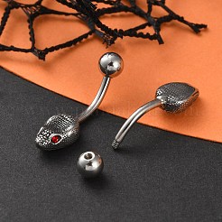 スネークヘッド 316 サージカルステンレス キュービックジルコニア へそリング  へそピアス  女性用カーブバーベルボディジュエリー  アンティークシルバー  レッド  25.5x7mm&nbsp;EJEW-G416-16AS-01