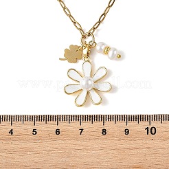 真鍮エナメルフラワー＆天然パールペンダント、304ステンレススチール製ペーパークリップチェーンネックレス（女性用）  ホワイト  ゴールドカラー  17.72インチ（45cm）&nbsp;NJEW-JN06358
