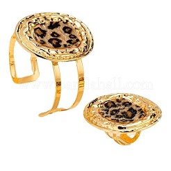Oval with Leopard Print Pattern Alloy & Imitation Leather Cuff Bangles & Cuff Rings Sets&nbsp;FS-WG4B1E8-01