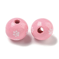 プリントウッドヨーロピアンビーズ  足跡模様で丸い  ピンク  15.5~16mm  穴：4~4.5mm&nbsp;WOOD-G022-09C