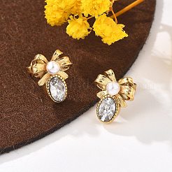 304ステンレススチールマイクロパヴェクリアキュービックジルコニアスタッドピアス  プラスチック模造パールと  蝶結び  18KGP本金メッキ  13x11mm&nbsp;LS-EJEW-I318-03G-01