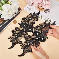 花のアップリケを縫い付ける  樹脂＆ラインストーン付き  ポリエステル刺繍アップリケ  ミシンクラフト装飾  ブラック  360x125x1.3~5.5mm&nbsp;PATC-WH0005-42A
