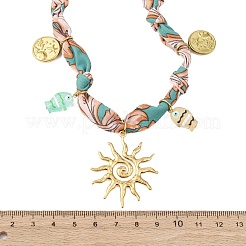 304ステンレススチール製太陽と樹脂の魚のペンダント、ポリエステルスカーフネックレス（女性用）  ターコイズ色  ゴールドカラー  17.72インチ（45cm）&nbsp;NJEW-D340-03G
