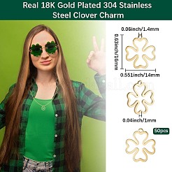 304ステンレススチールペンダント50個  レーザー切断  クローバー  18KGP本金メッキ  16x14x1mm  穴：1.4mm&nbsp;STAS-BBC0007-99
