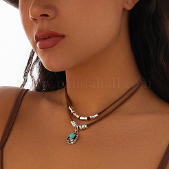 1 Set Alloy Pave Synthetic Turquoise Pendant Double Layer Cord Necklaces&nbsp;NJEW-CL0001-09A