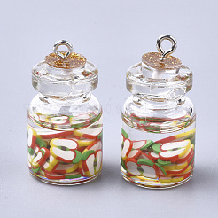 ガラスボトルペンダント  樹脂とポリマーの粘土と鉄のパーツ  りんご  プラチナ  カラフル  28~29x15mm  穴：2mm&nbsp;GLAA-T001-04C
