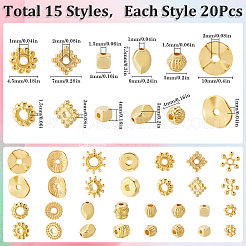 チベットスタイルの合金ビーズセット（300種類）15個  ゴールドカラー  4~10x1.5~5mm  穴：1~2mm  20個/スタイル&nbsp;FIND-SP0002-16A