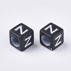 不透明なアクリルビーズ  水平穴  ランダムな頭文字を持つキューブ  ブラック  6x6x6mm  穴：3.5mm  約3380個/500g&nbsp;MACR-S299-054A
