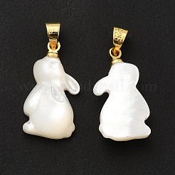 天然石ホワイトシェルペンダント  ゴールデンメッキ真鍮パーツ  兎  ホワイト  20x11x4mm  穴：4x4.5mm&nbsp;SHEL-G014-13A