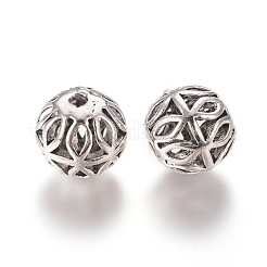 中空チベットスタイル合金ビーズ  ラウンド  アンティークシルバー  10mm  穴：1.8mm&nbsp;TIBEB-L004-047AS