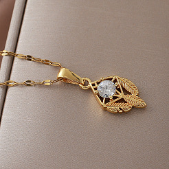 Vintage 304 Stainless Steel Glass Feather Pendant Necklaces for Women Men&nbsp;BU5230