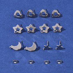16個 4スタイル 304ステンレススチールスタッドピアス金具  16個のイヤーナット付き  ステンレス鋼色  10~14.5x8~11.5x0.8mm  穴：1.4~1.6mm  ピン：0.7~0.8mm&nbsp;STAS-FS0001-85P