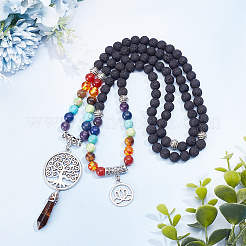 Natural Yellow Tiger Eye Bullet & Alloy Tree & Lotus Stone Pendant Necklace&nbsp;NJEW-AB00016-02