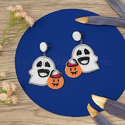 ハロウィンゴーストとカボチャのガラスシードビーズのダングルスタッドピアス  プラチナ  ホワイト  70x50mm&nbsp;FS-WGC1EA3-01