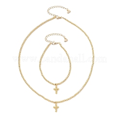 真鍮の丸いビーズのジュエリーセット  ネックレスやブレスレットを含む  クロス  ゴールドカラー  410mm&nbsp;SJEW-JS01348