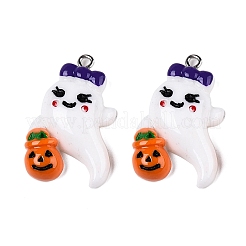 ハロウィン不透明樹脂ペンダント  プラチナトーンの鉄ループ付き  カボチャと幽霊  ホワイト  32x19x5.5mm  穴：2mm&nbsp;RESI-D055-105P