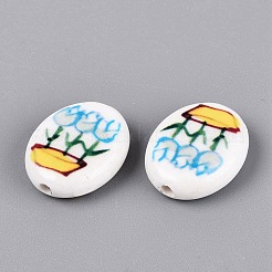 手描きのチューリップの花の楕円形磁器ビーズ  花柄のセラミックビーズ  ライトスカイブルー  18~21x15~17x5~6mm  穴：1.8~2mm&nbsp;PORC-N012-11F