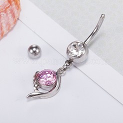 ピアス  真鍮製キュービックジルコニアへそピアス  へそリングベリーリング  304ステンレススチールバー付き  鉛フリー＆カドミウムフリー  花  プラチナ  パールピンク  48x10mm  バーの長さ: 3/8
