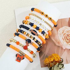 手作りポリマー粘土ヘイシビーズストレッチブレスレットセット1セット  合金チャーム付き  オレンジ  内径：2~2-1/4インチ（5.1~5.7cm）  9個/セット&nbsp;BJEW-SZ0002-67A-01