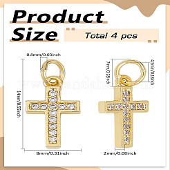 4個のCZ真鍮マイクロパヴェキュービックジルコニアクロスチャーム  丸カン付き  ゴールドカラー  14x8x2mm  穴：4.5mm&nbsp;ZIRC-LP0001-09