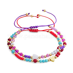 2Pcs 2 Styles Round Glass & Lampwork & Imitation Pearl & Synthetic Turquoise & Natural Shell & Seed Beads Braided Bead Bracelets&nbsp;VE0130-4